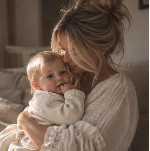A caregiver gently holding a baby in warm natural light