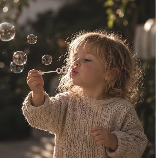 Child blowing bubbles in a golden garden