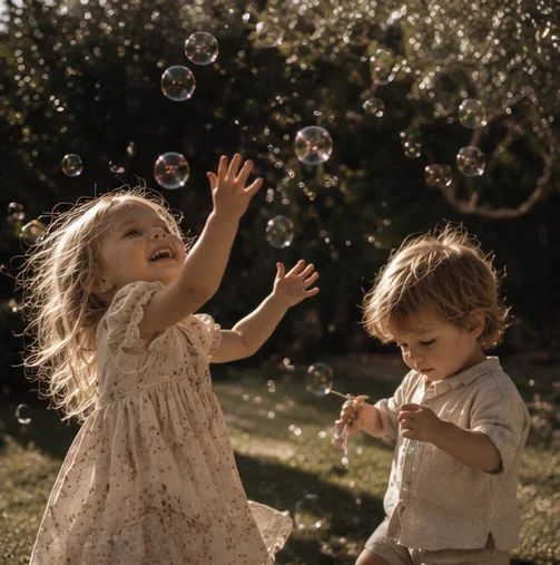 Children hand in hand on a garden path
