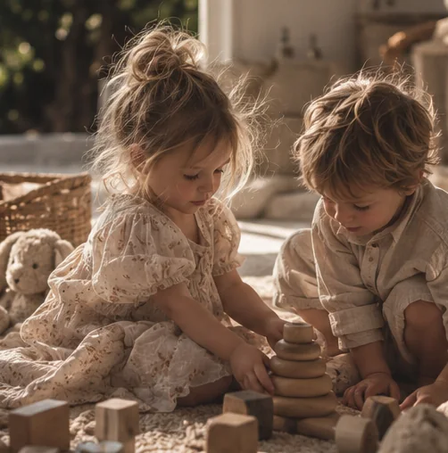 Young children joyfully playing with wooden toys