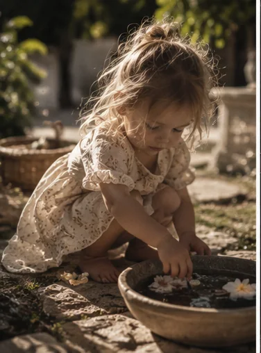 Children quietly playing with wooden toys in golden light
